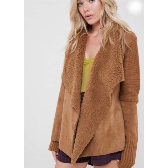 LAST! Suede and Sherpa Open Cardigan-CAMEL - Picture 4 of 5